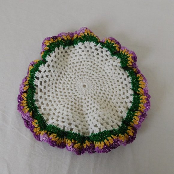 Crocheted Doily Round Purple Gold Green White Ruffled Edges Set of 2 Handmade - Picture 5 of 6
